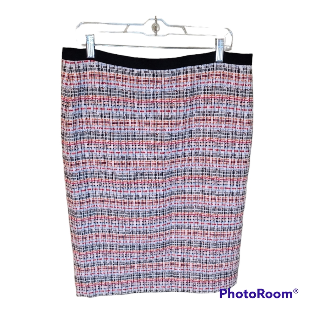 Talbots red, black, blue, silver, and orange  tweed skirt. Size 12.